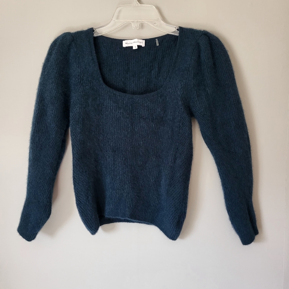 White + Warren Cashmere Square Neck Puff Sleeve Pullover Dark Ivy Size Small - Picture 2 of 6
